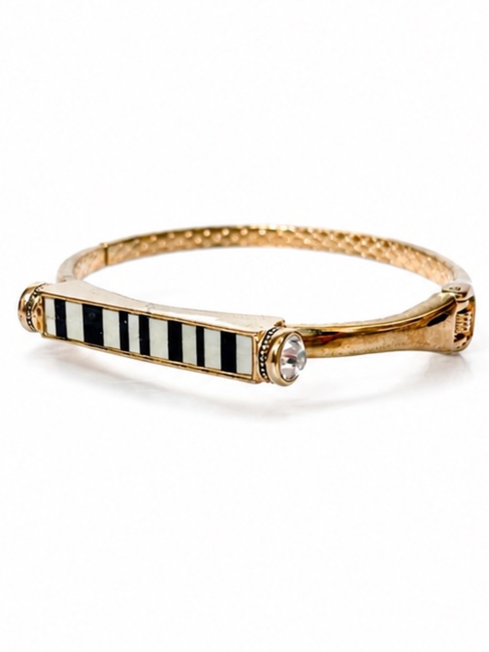 NEW -  Gold Tone Black & White Stripe Hinged Bangle Bracelet w Crystal Accent